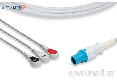 2323S-I, Кабель пациента электрокардиографический для подключения пациента к монитору (единый), Draeger/Siemens, трехэлектродный: отведения (I,II,III), 3.4м, кнопочный тип, IEC