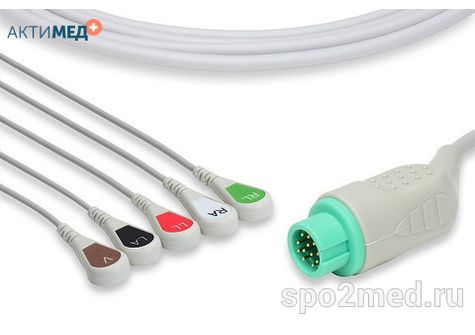 2512S-I, Кабель пациента электрокардиографический для подключения пациента к монитору (единый), Mindray, пятиэлектродный: отведения (I,II,III, aVR, aVL), 3.4м, кнопочный тип, IEC