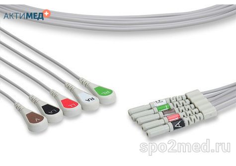 D5-90S-I, Кабель пациента электрокардиографический для подключения пациента к монитору (отведения), AAMI, пятиэлектродный: отведения (I,II,III, aVR, aVL), 0.9м, кнопочный тип, IEC, Din