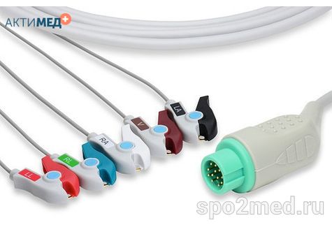 2512P-I, Кабель пациента электрокардиографический для подключения пациента к монитору (единый), Mindray, пятиэлектродный: отведения (I,II,III, aVR, aVL), 3.4м, тип "прищепка", IEC