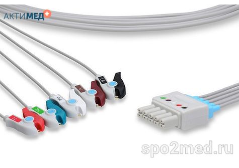SM5-250P-I, Кабель пациента электрокардиографический для подключения пациента к монитору (отведения), Draeger/Siemens, пятиэлектродный: отведения (I,II,III, aVR, aVL), 2.5м, тип "прищепка", IEC